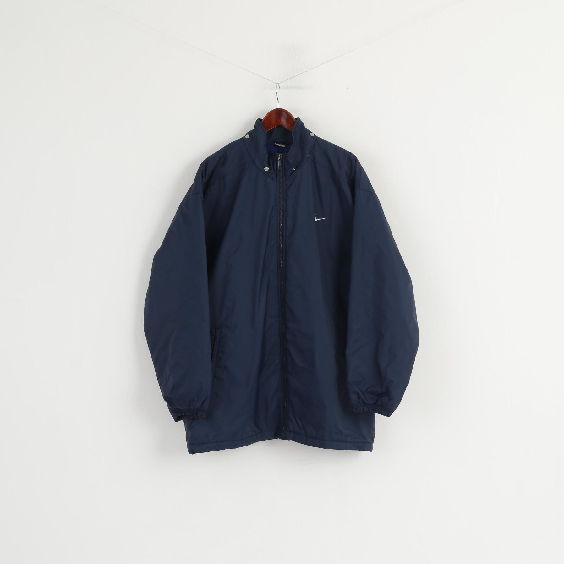 Giacca Nike Uomo L 183 Giacca blu navy in nylon impermeabile imbottita con cerniera intera retrò