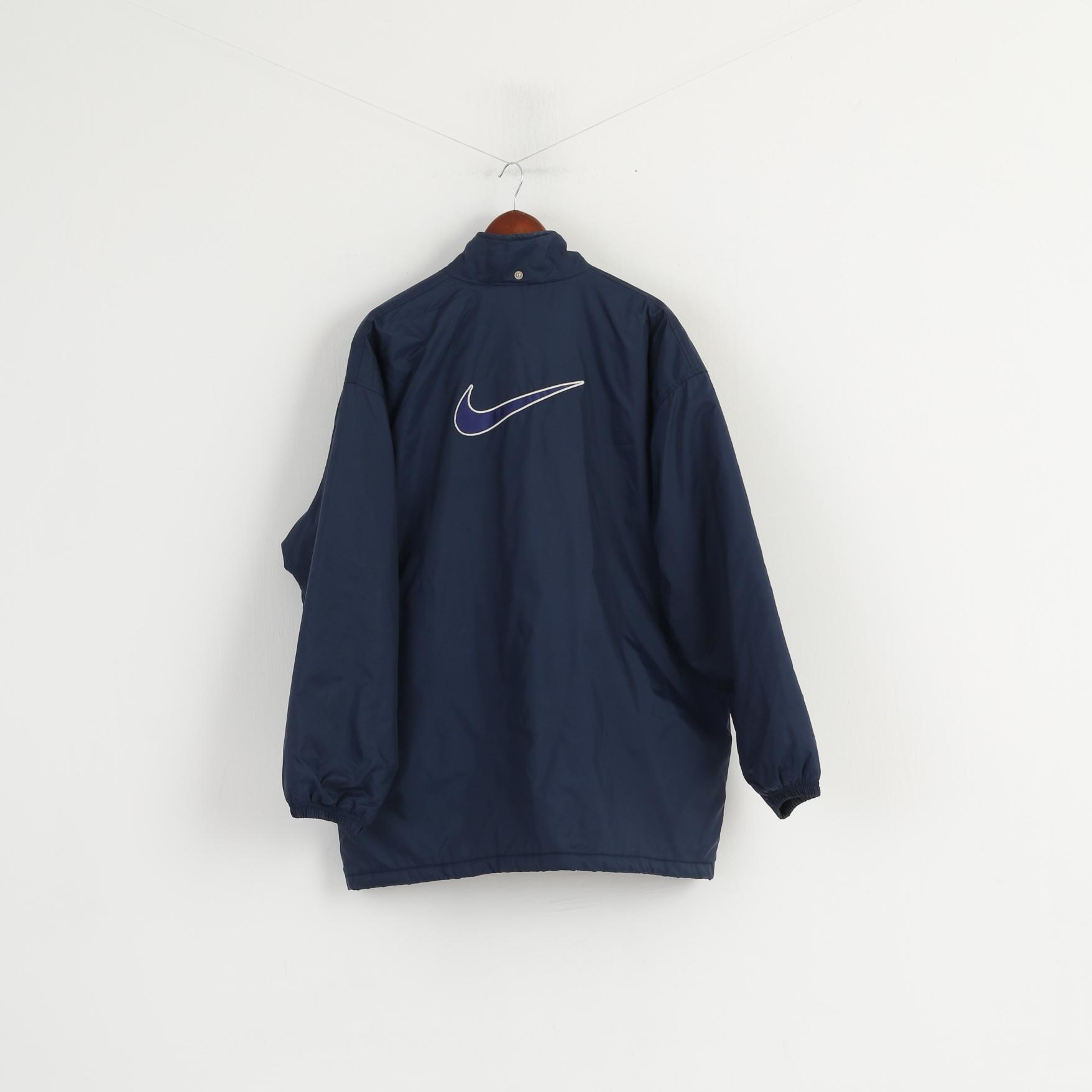 Giacca Nike Uomo L 183 Giacca blu navy in nylon impermeabile imbottita con cerniera intera retrò