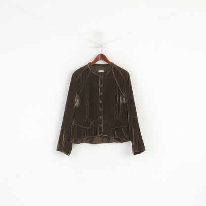 Jacqueline Riu Women 46 L Blazer Khaki Shiny Vintage Stand Up Collar Jacket