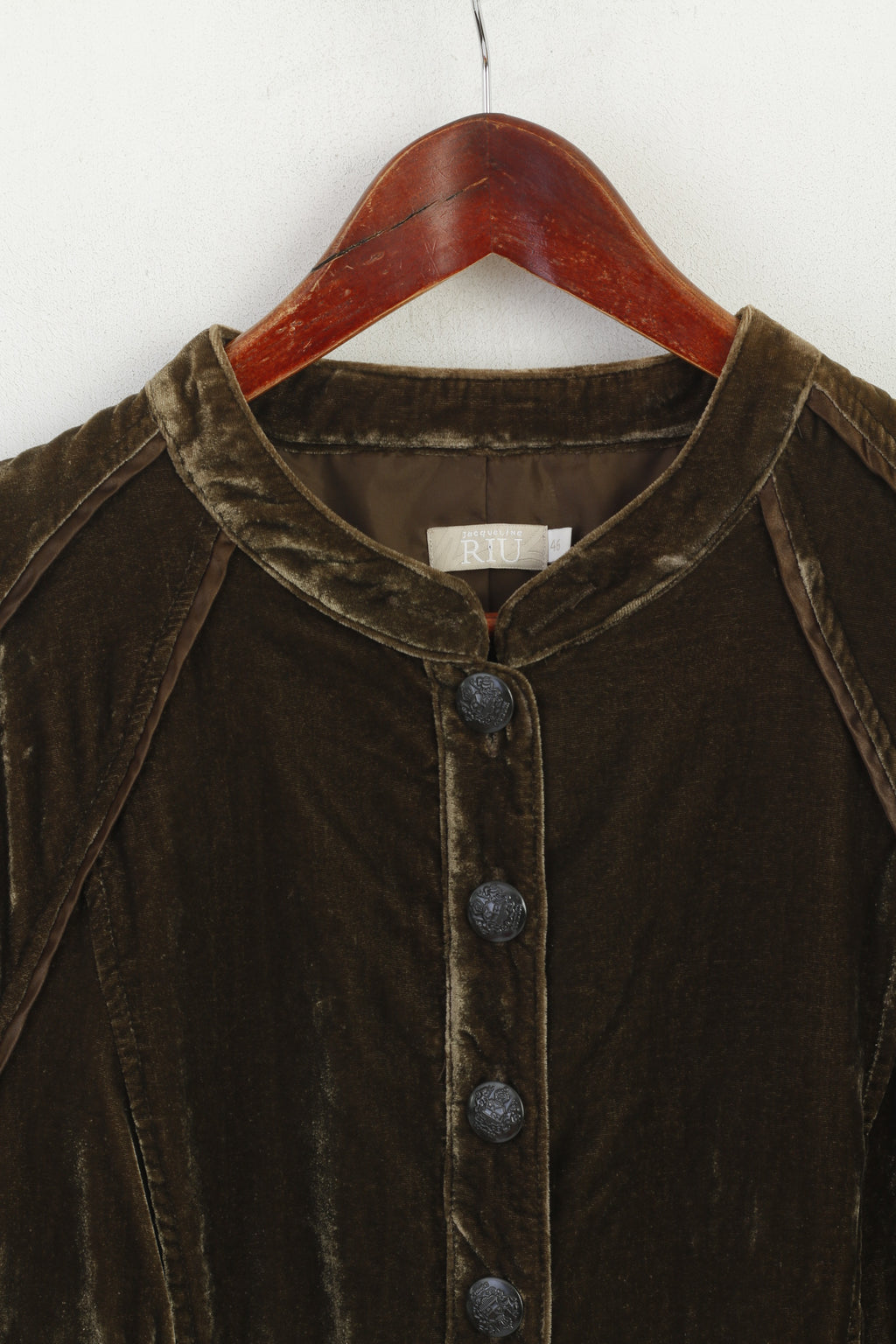 Jacqueline Riu Donna 46 L Blazer Giacca con colletto rialzato vintage lucido kaki