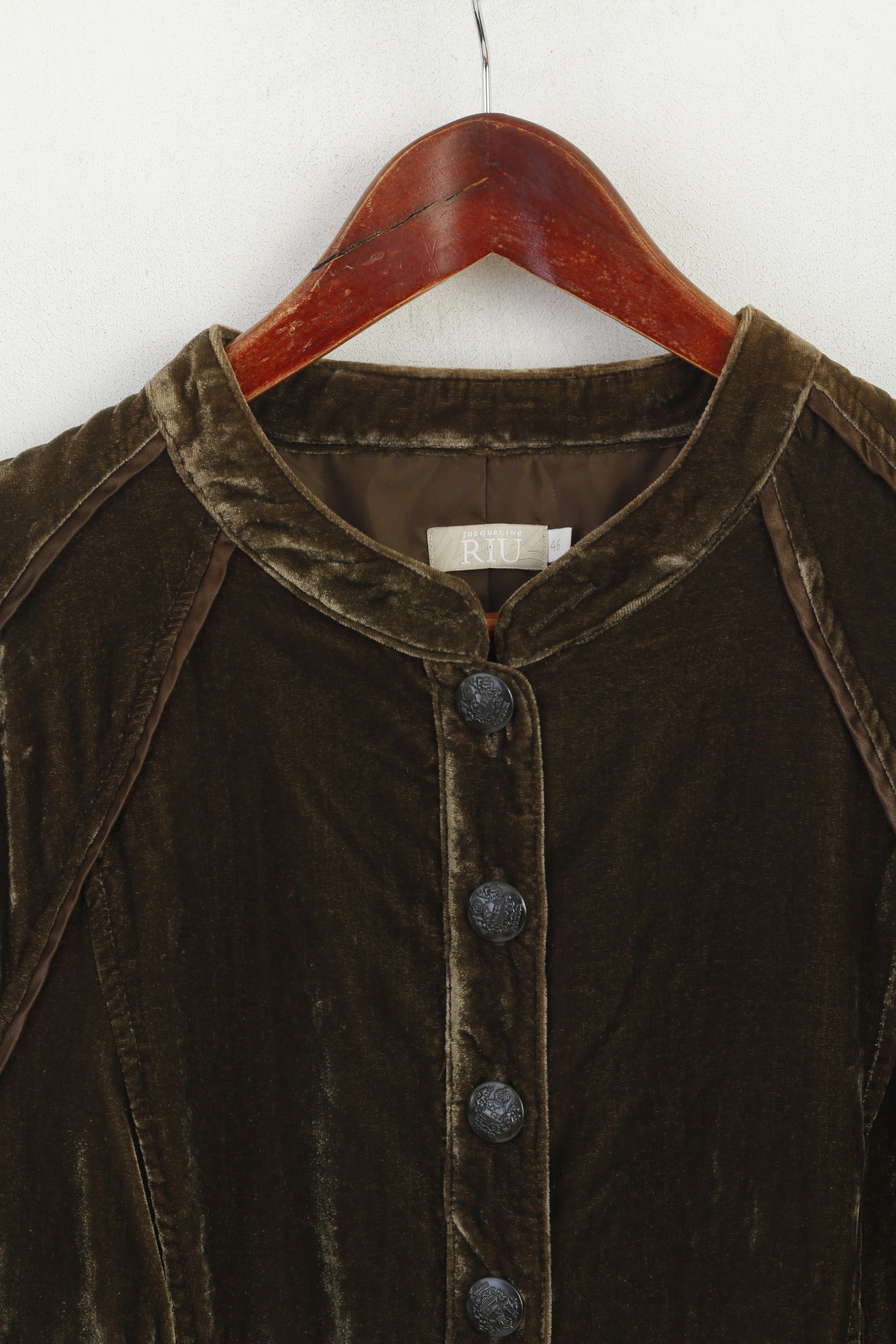 Jacqueline Riu Donna 46 L Blazer Giacca con colletto rialzato vintage lucido kaki