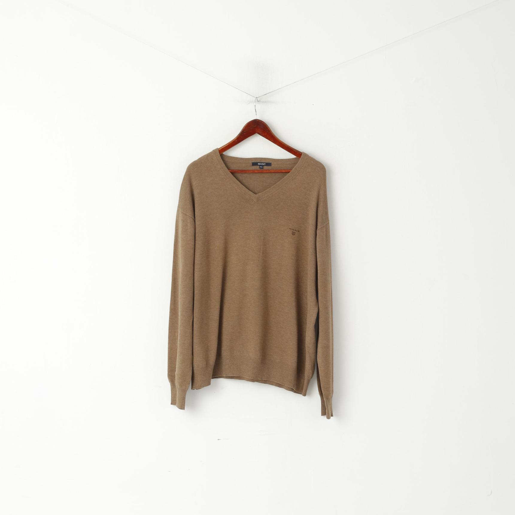 Gant Maglione XXL da uomo marrone 100% cotone con logo scollo a V, maglione morbido e semplice