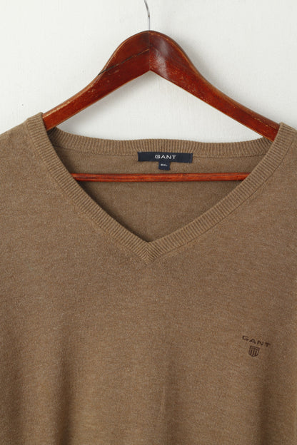 Gant Men XXL Jumper Brown 100% Cotton Logo V Neck Plain Soft Sweater