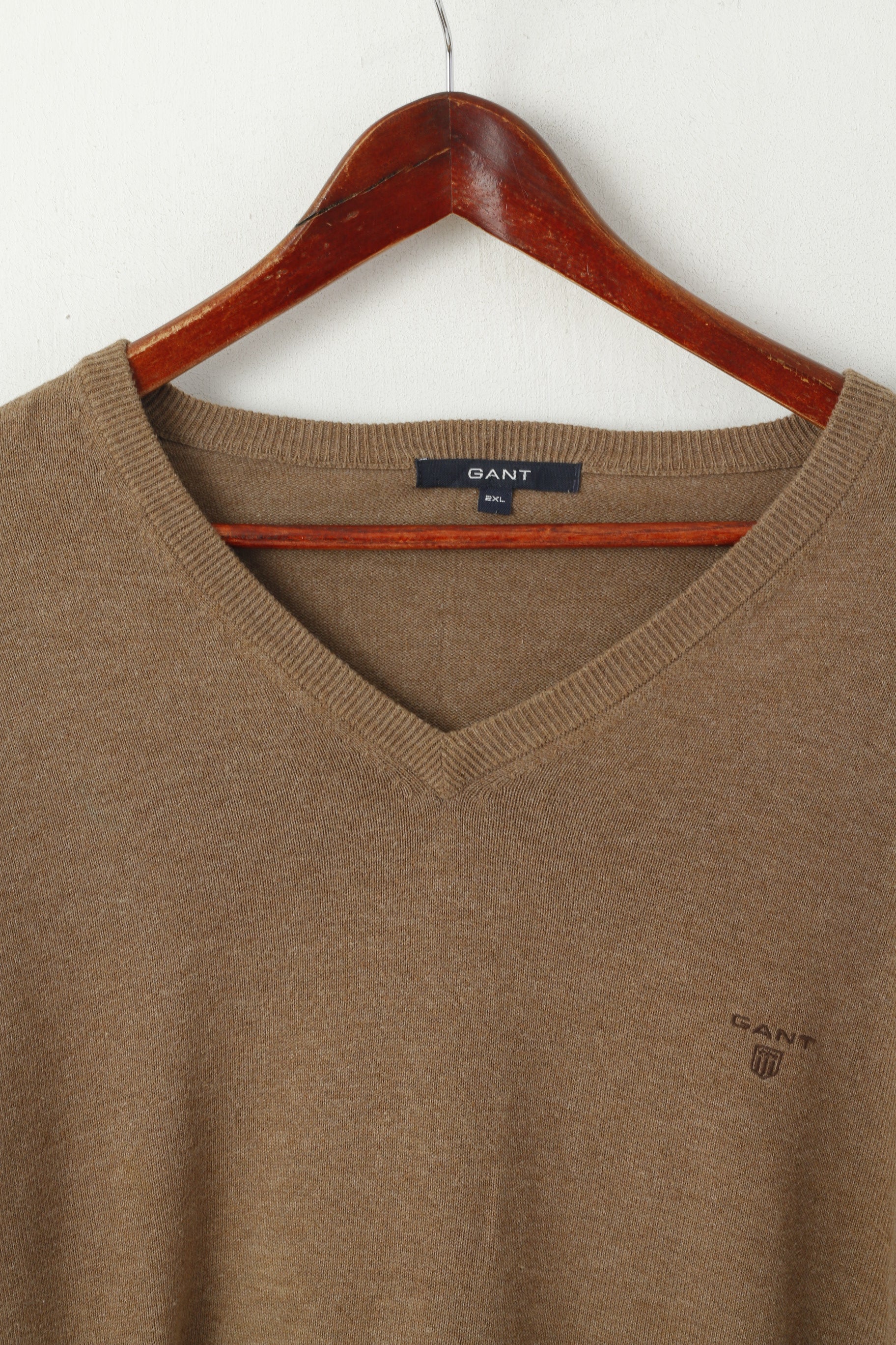 Gant Maglione XXL da uomo marrone 100% cotone con logo scollo a V, maglione morbido e semplice