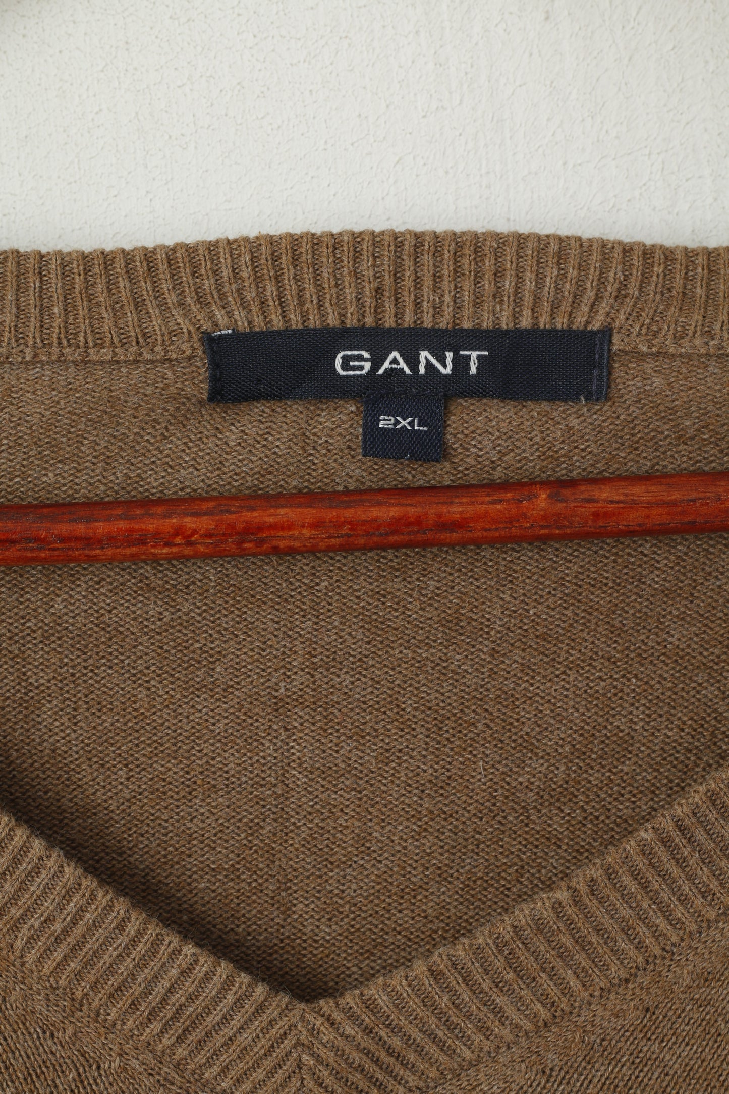 Gant Maglione XXL da uomo marrone 100% cotone con logo scollo a V, maglione morbido e semplice