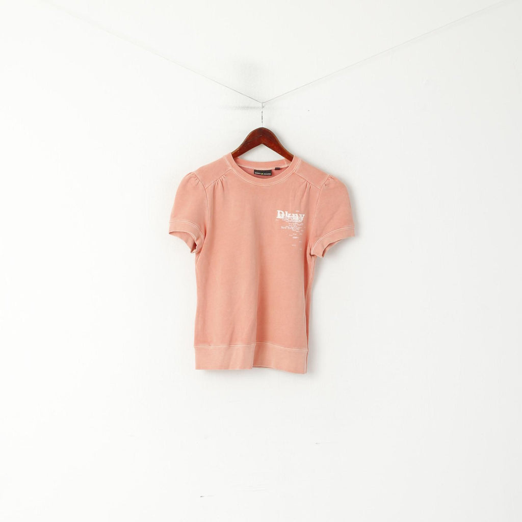 DKNY Jeans Femme L (S) Chemise Pêche Coton Sweat Ras du Cou Logo Haut