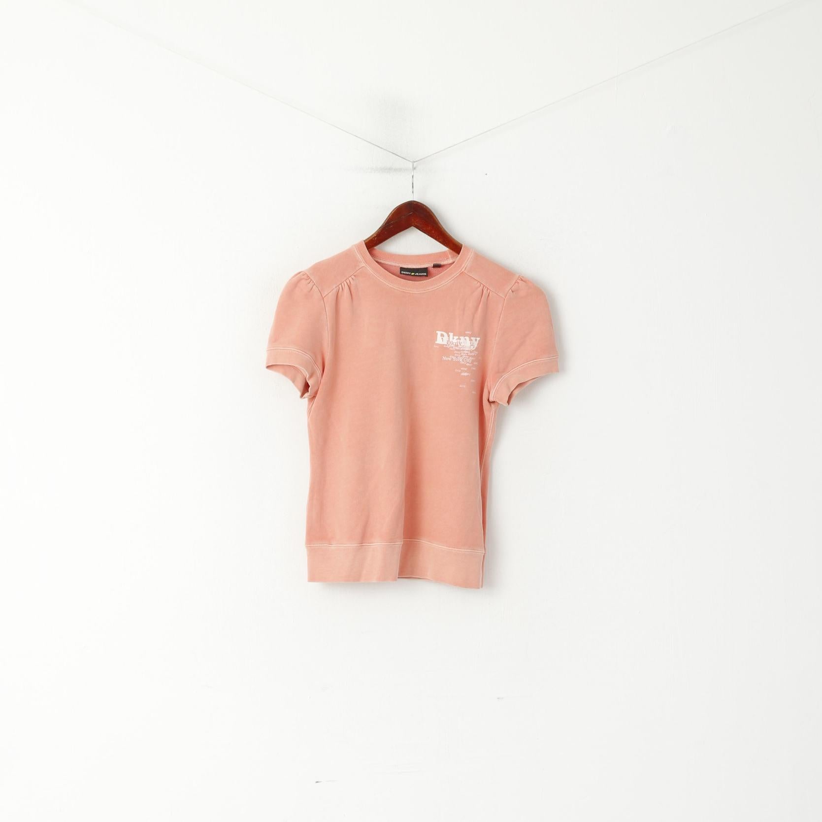 DKNY Jeans Femme L (S) Chemise Pêche Coton Sweat Ras du Cou Logo Haut