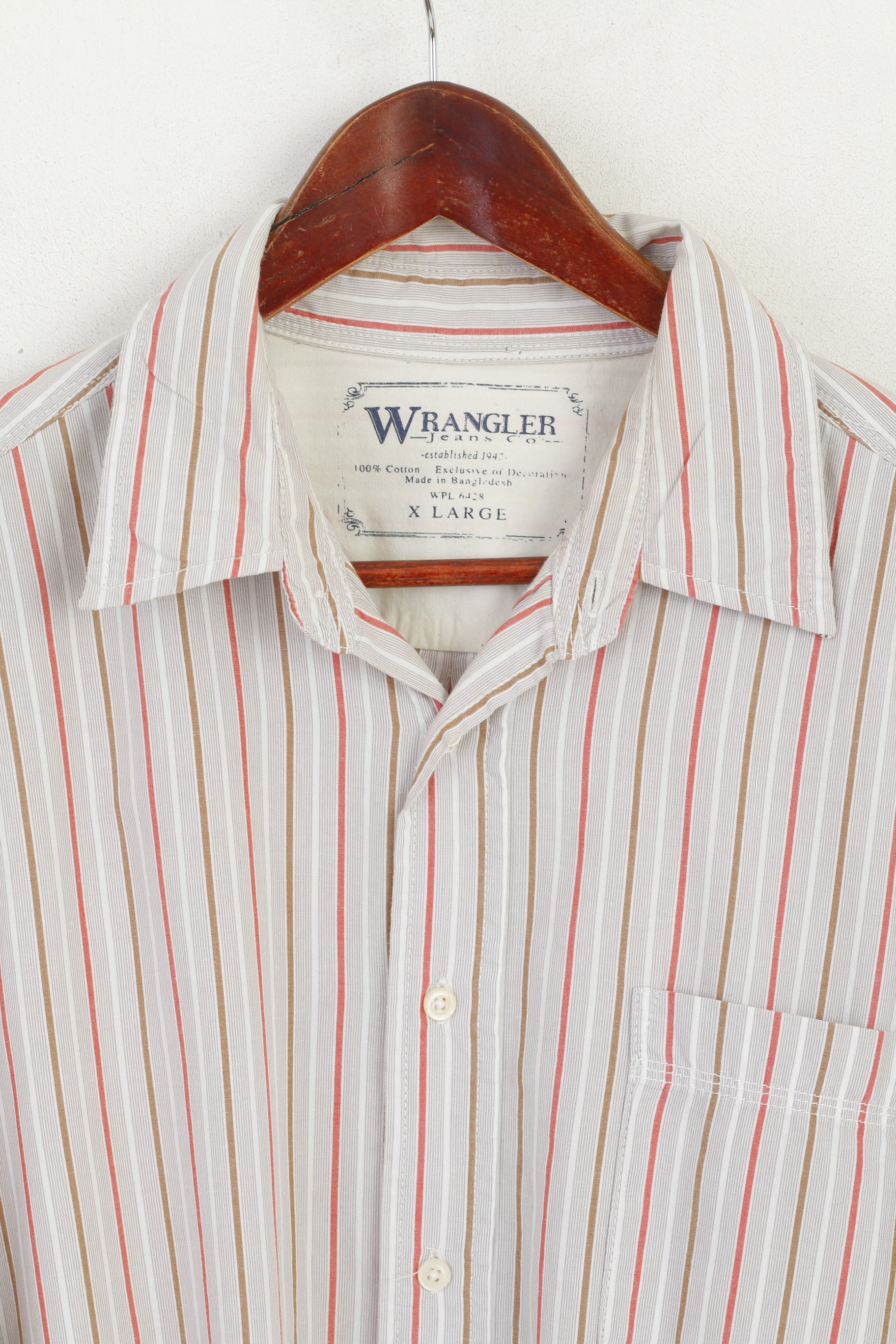 Wrangler Men XL Casual Shirt Beige Striped Cotton Classic Fit Long Sleeve Western Top