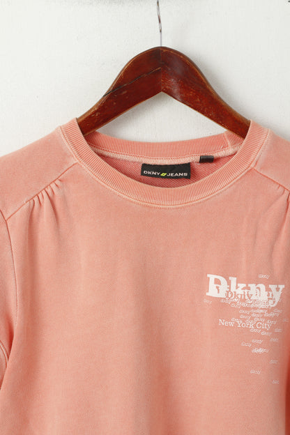 DKNY Jeans Women L (S) Shirt Peach Cotton Sweat Crew Neck Logo Top