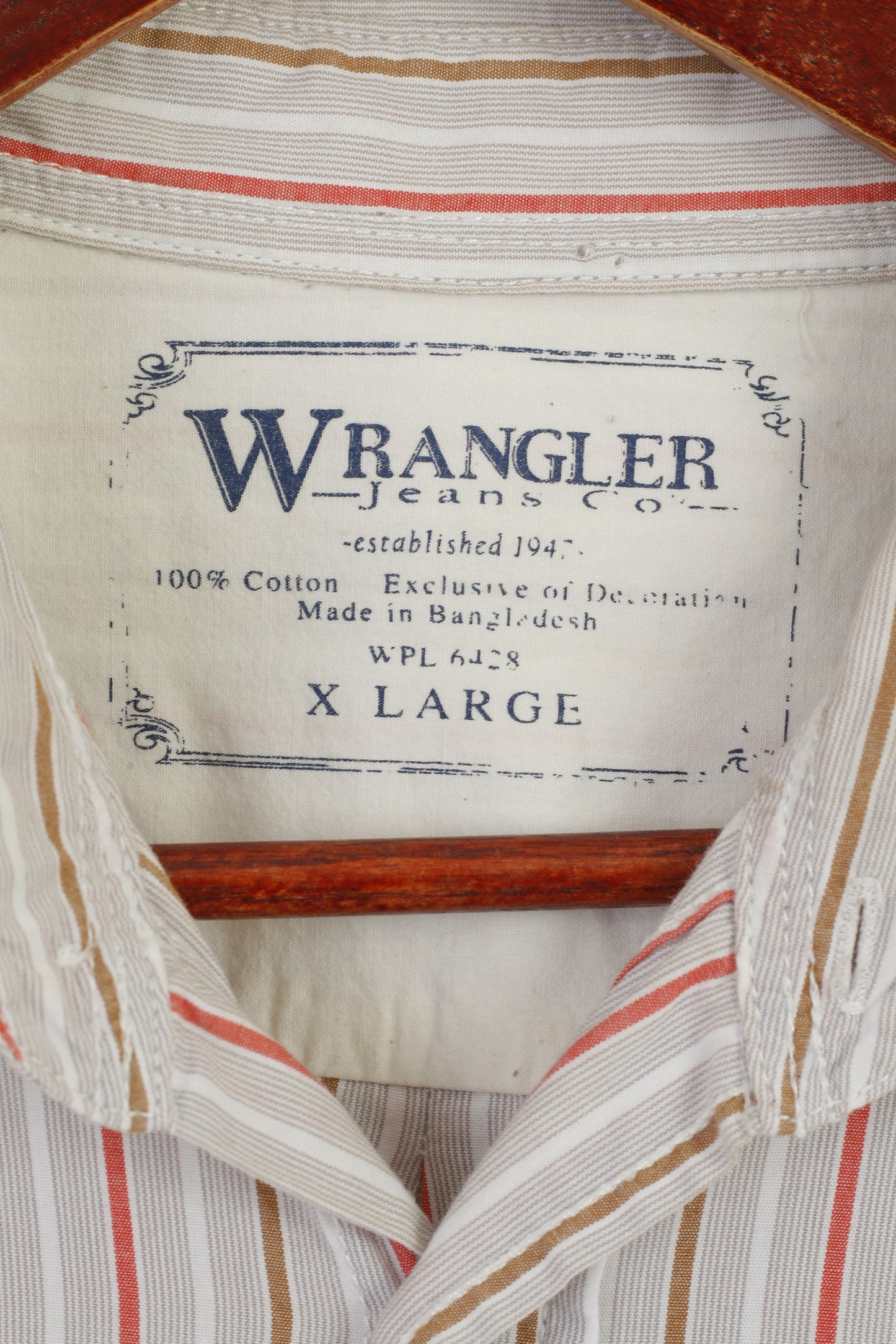 Wrangler Men XL Casual Shirt Beige Striped Cotton Classic Fit Long Sleeve Western Top