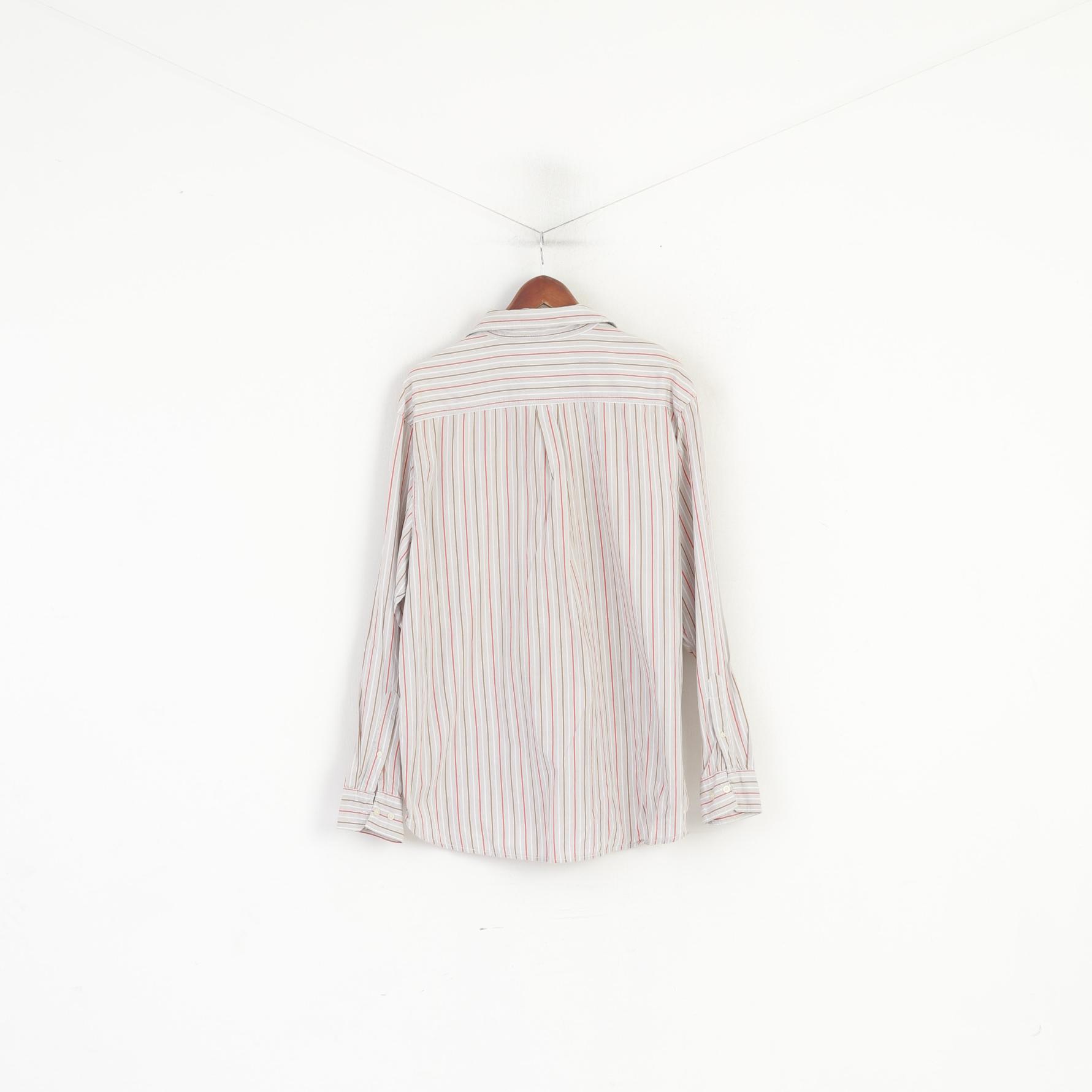 Wrangler Men XL Casual Shirt Beige Striped Cotton Classic Fit Long Sleeve Western Top