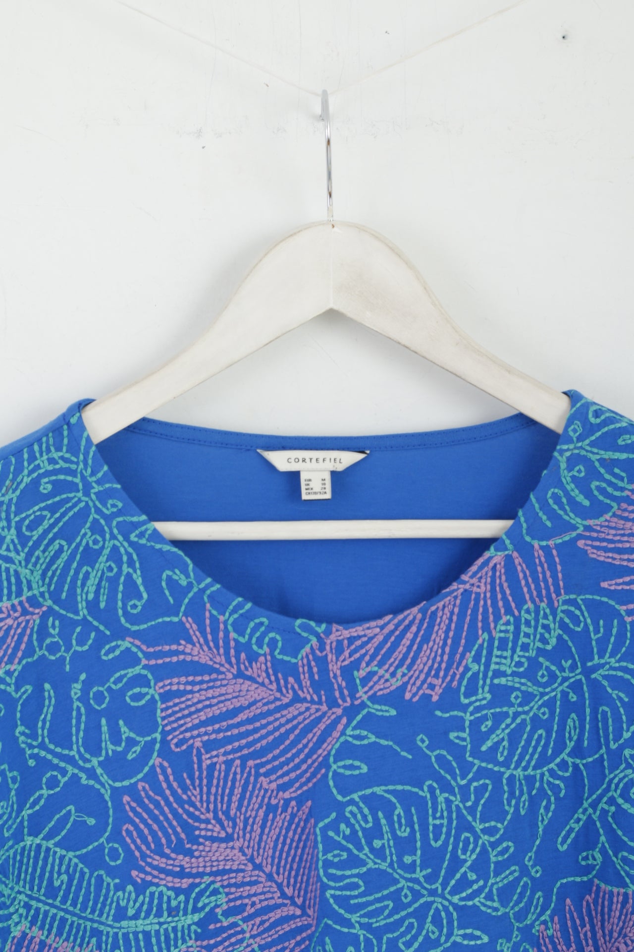 CORTEFIEL Chemise M Femme Haut Col Ras Du Cou En Coton Brodé Bleu
