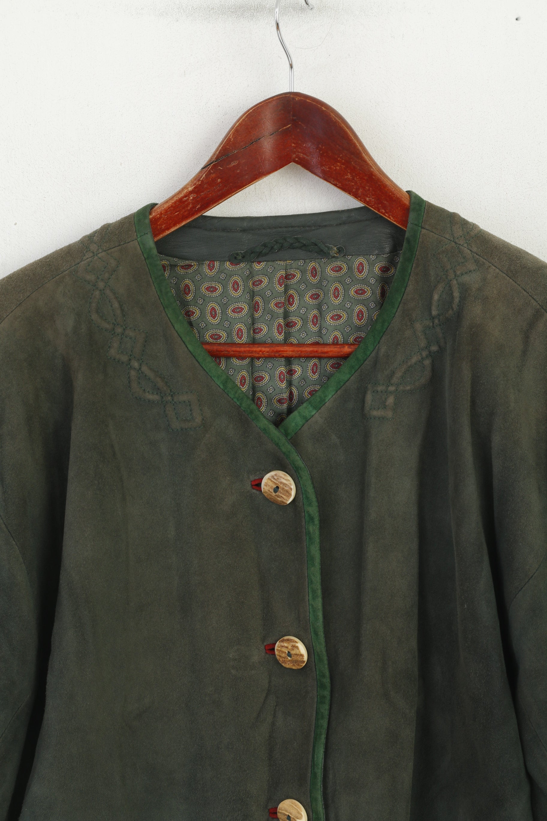 Zeiler Women 38 M Jacket Green Vintage Germany Velour Buttoned Shoulder Pads Top