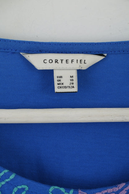 CORTEFIEL Womens M Shirt Blue Emroidered Cotton Crew Neck Top