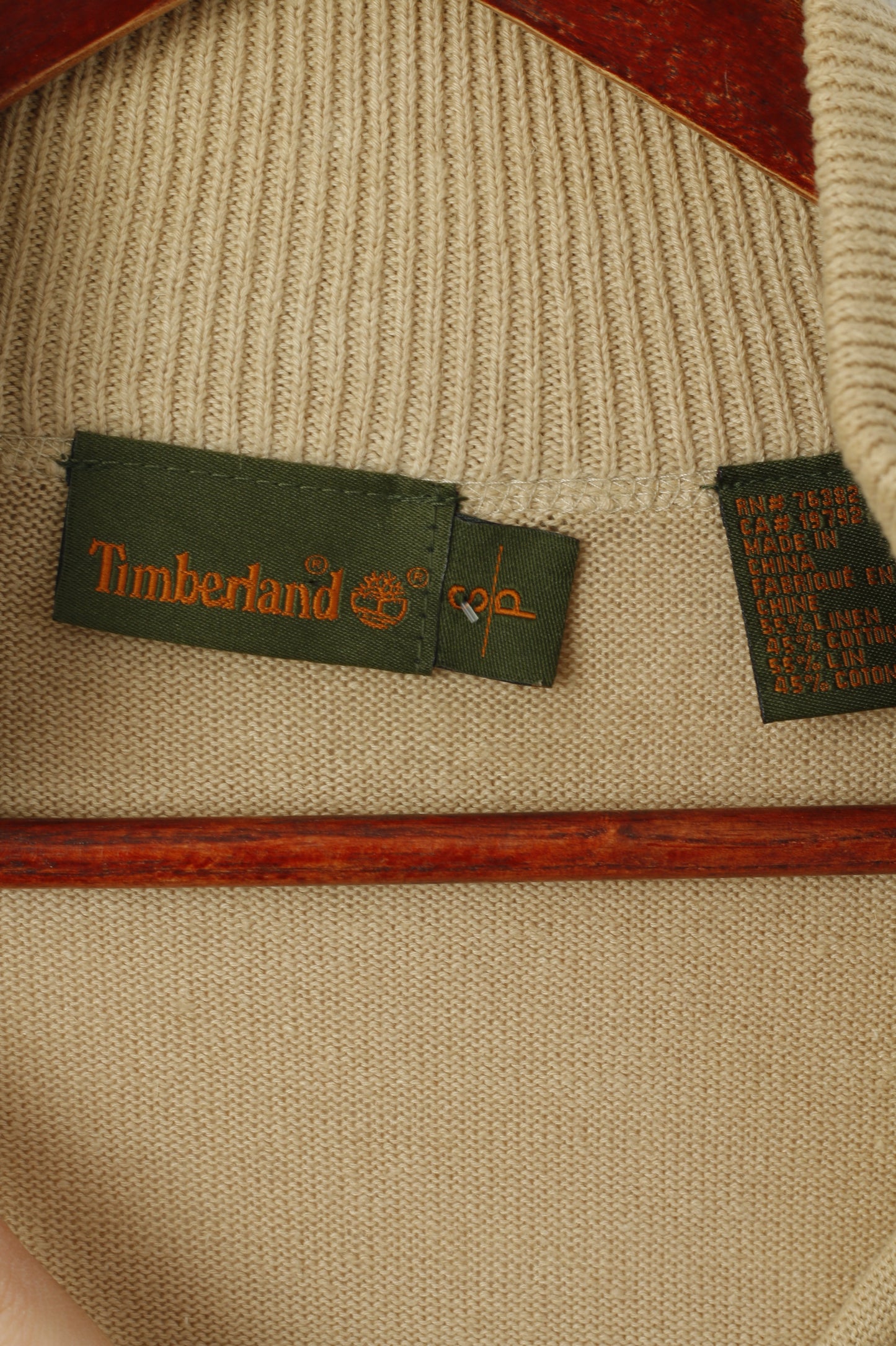 Timberland Hommes Pull Beige Cardigan À Fermeture Éclair Complète Lin Coton Mélange Tricots