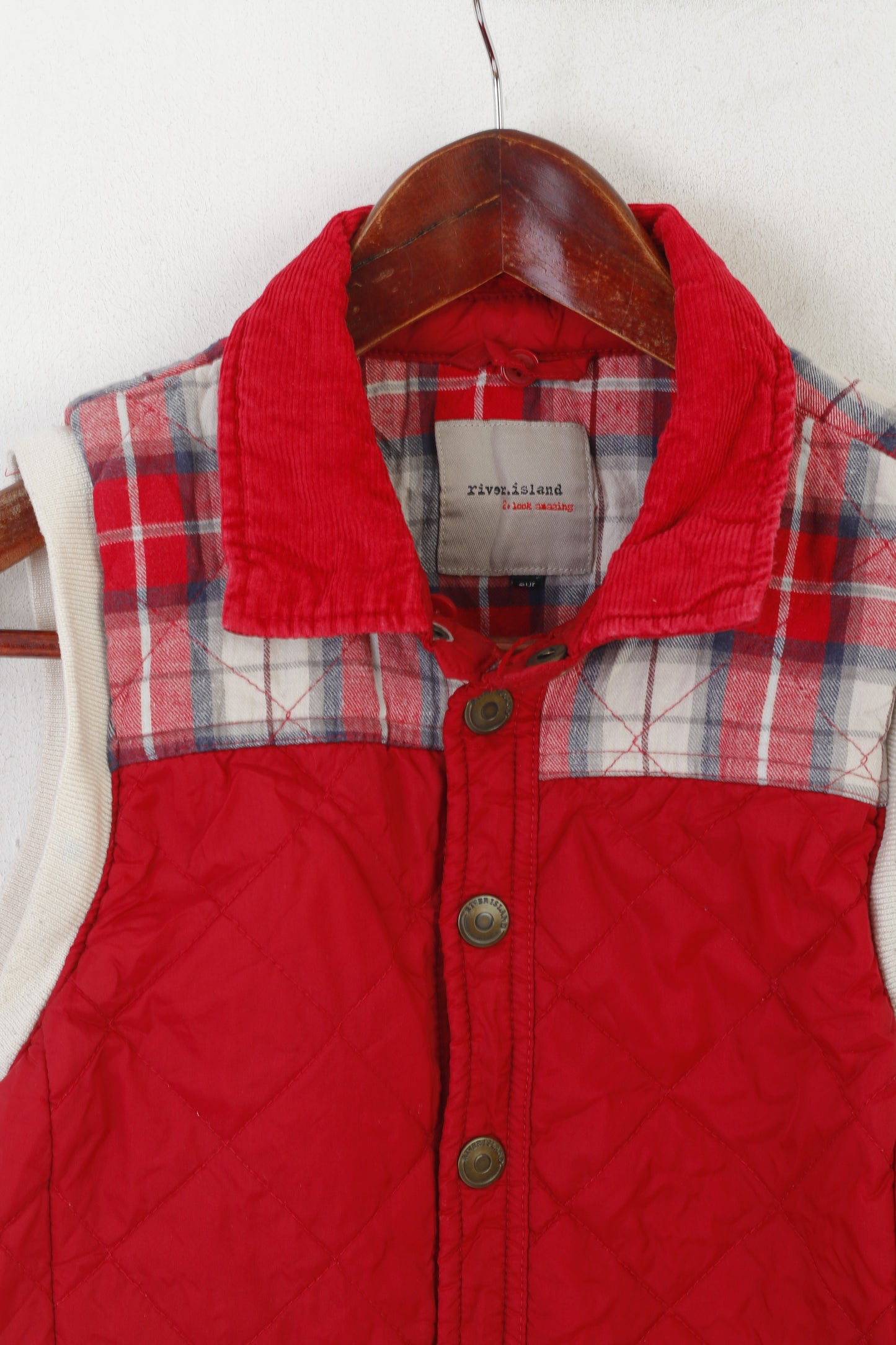 River Island Women 10 S Bodywarmer Red Check Nylon Quilted Snaps Vest