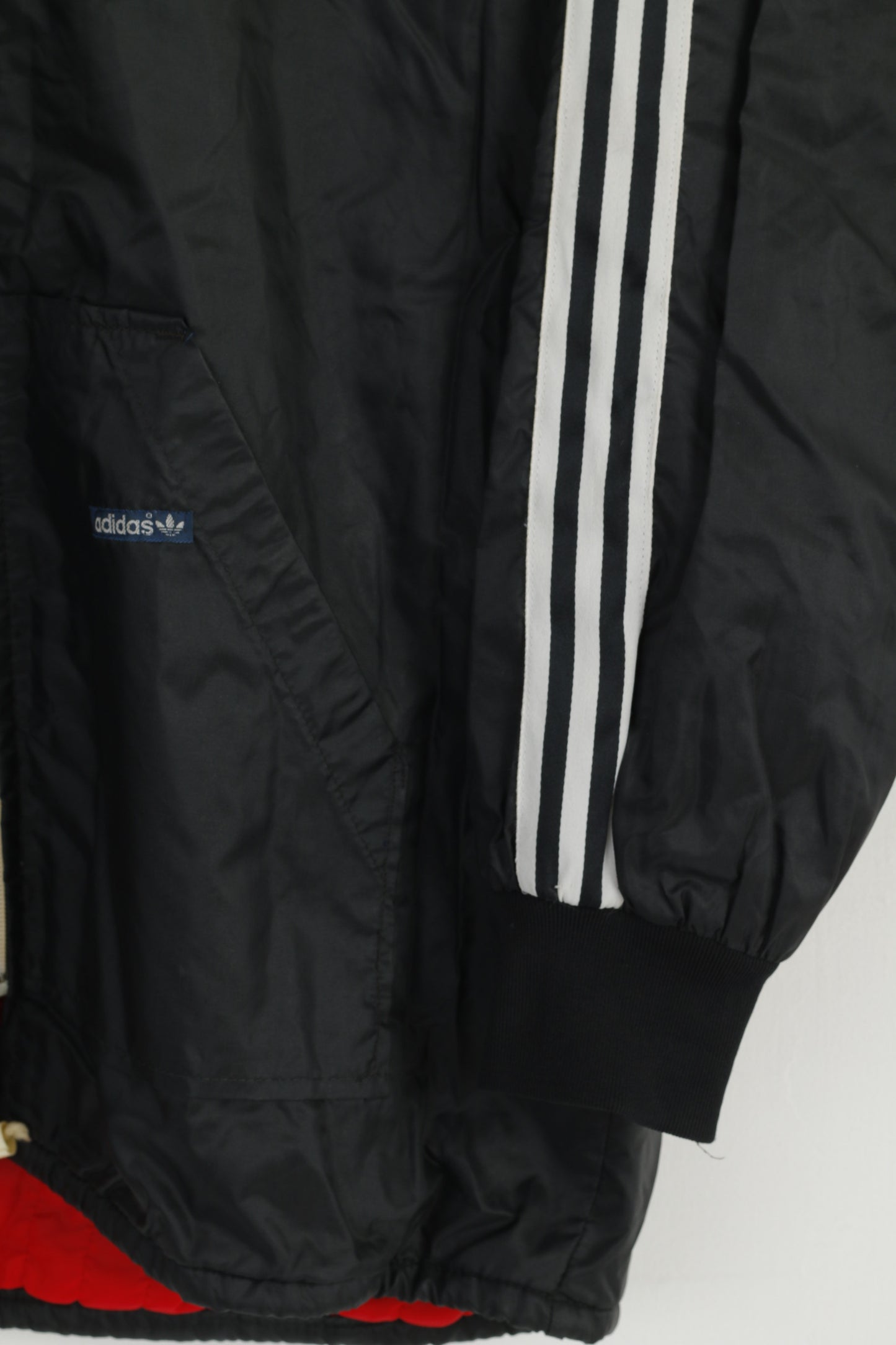 Giacca Adidas da uomo M vintage anni '80 in nylon nero con cerniera intera cappuccio nascosto Oldschool