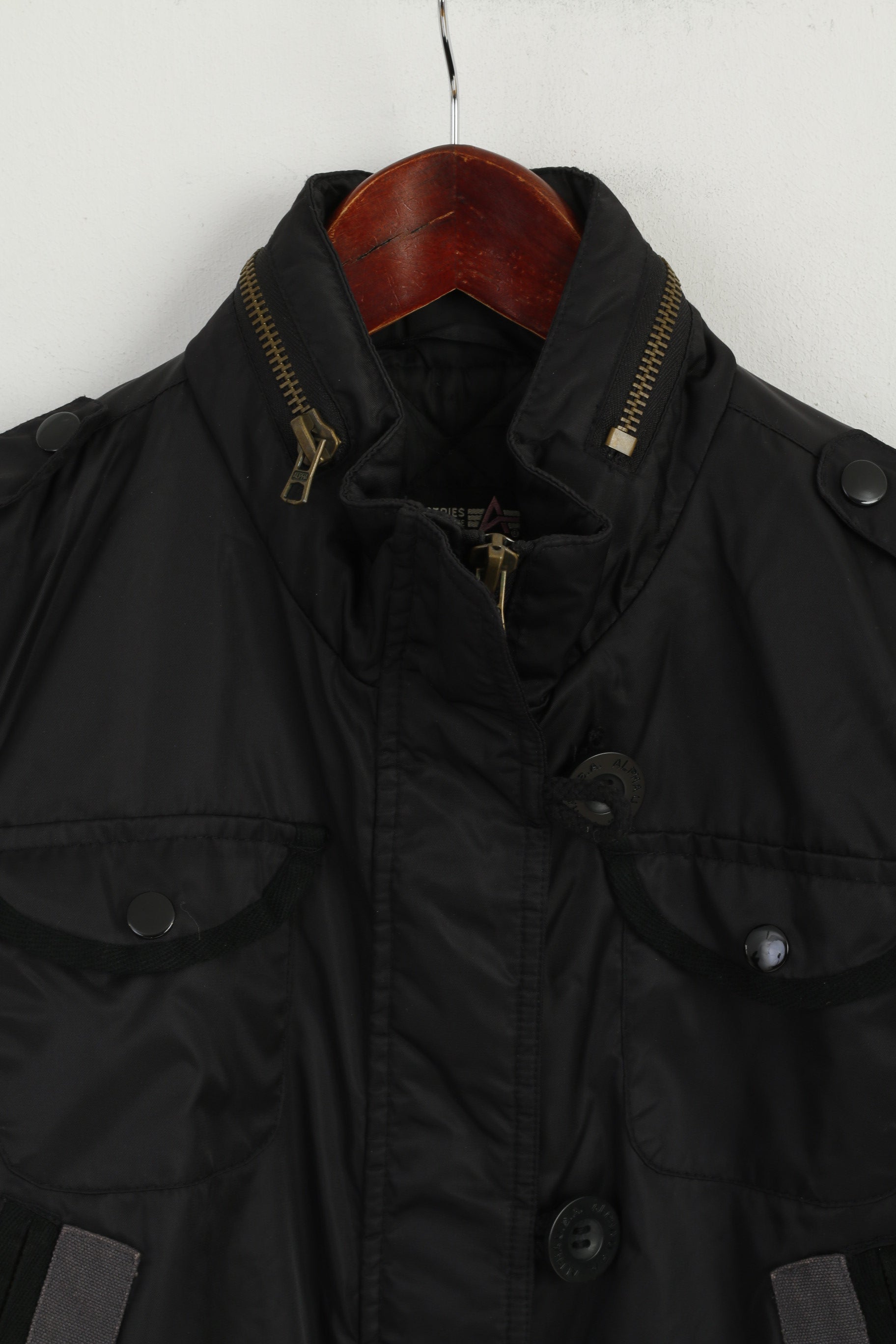 Alpha Industries Veste M pour femme Noir Biker Nylon imperméable rembourré avec capuche cachée