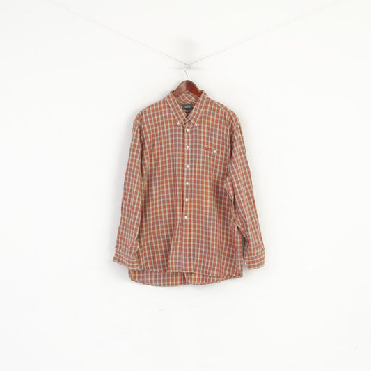 Globe Trotter Men XXL Casual Shirt Beige Red Check Vintage Cotton Long Sleeve Top