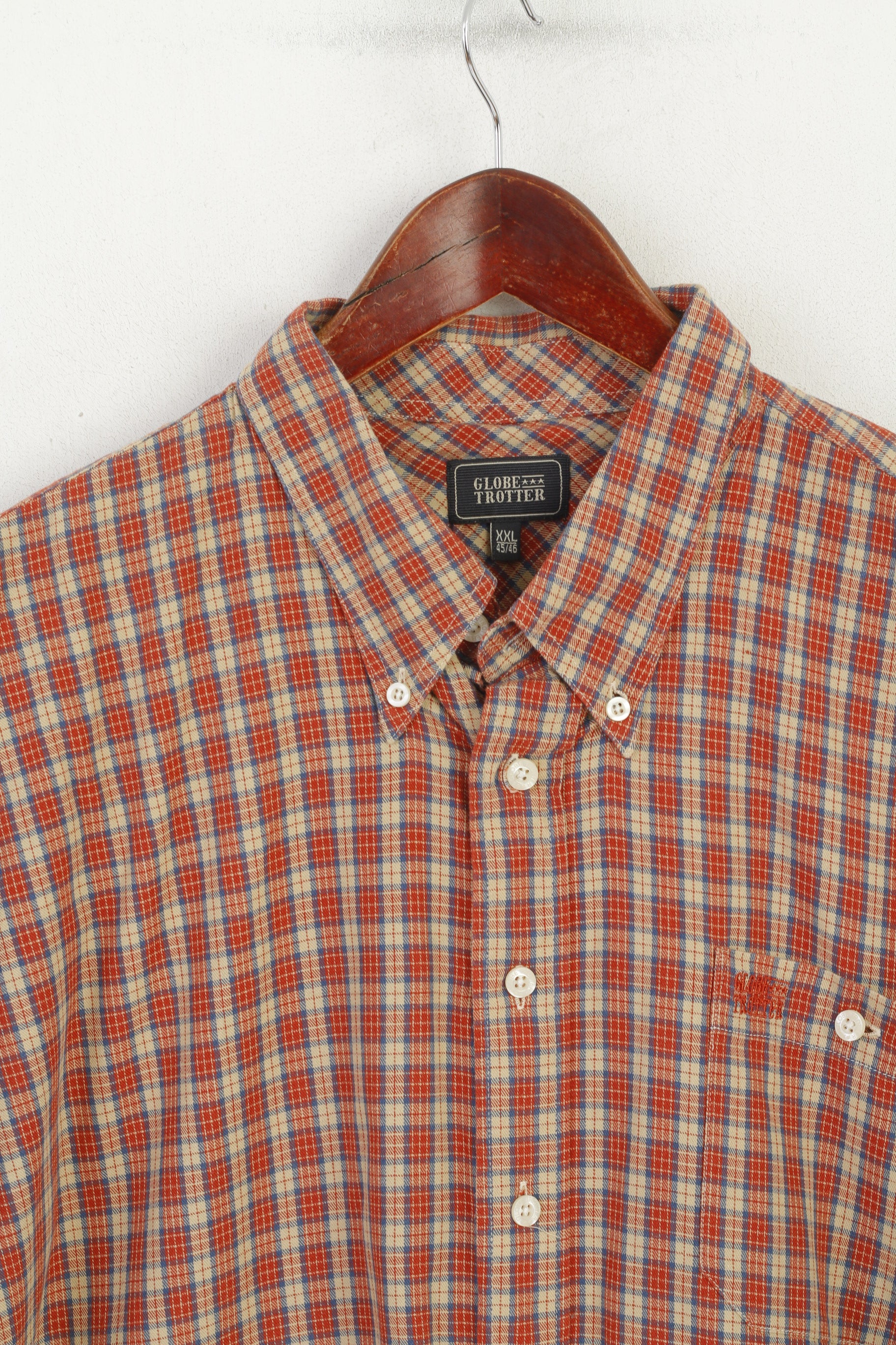 Globe Trotter Homme XXL Chemise décontractée Beige Rouge Carreaux Vintage Coton Haut à Manches Longues