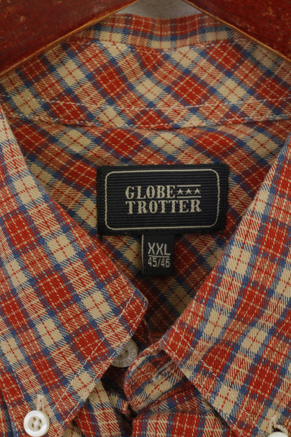 Globe Trotter Homme XXL Chemise décontractée Beige Rouge Carreaux Vintage Coton Haut à Manches Longues