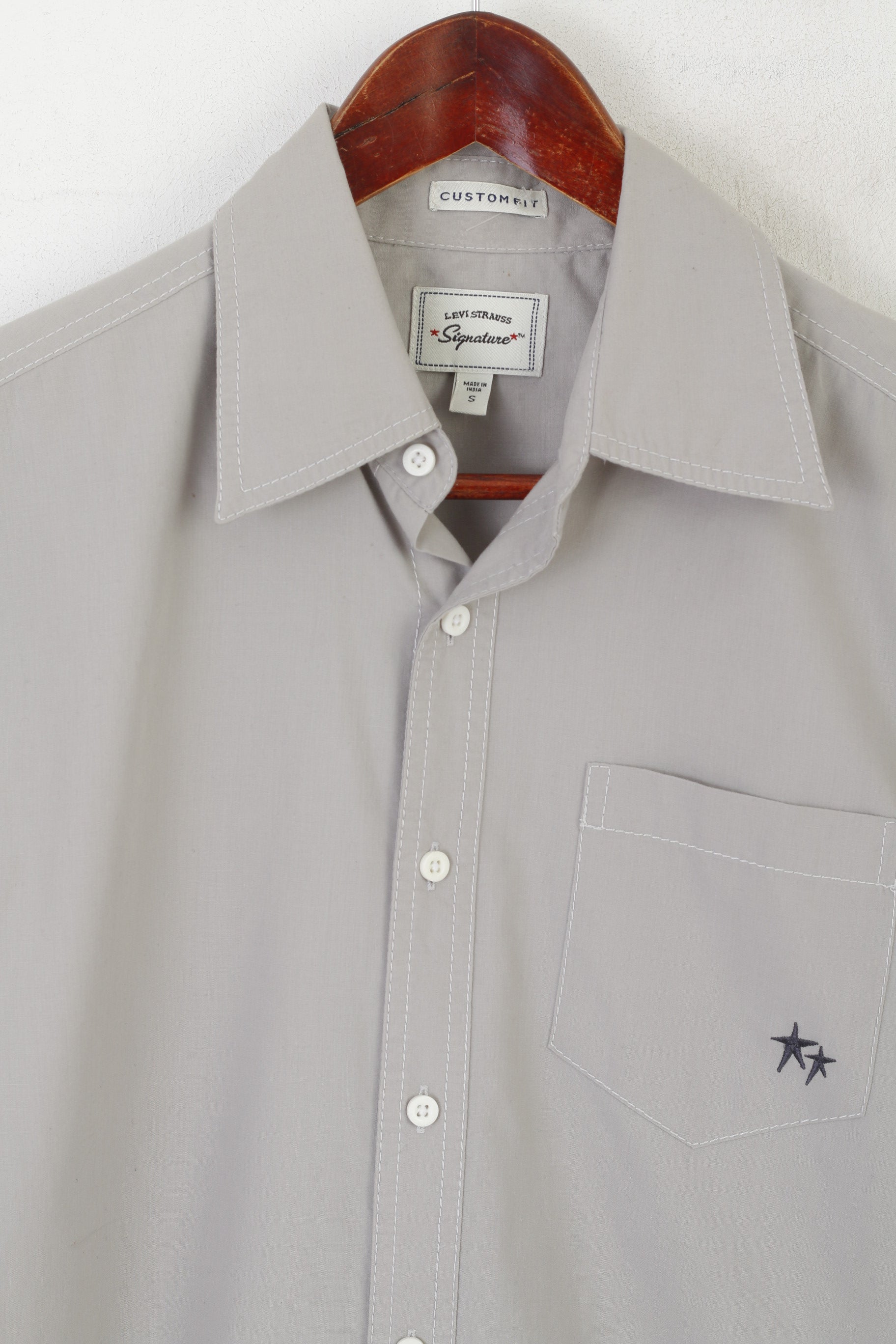 Levi's Signature Men S Casual Shirt Gray Cotton Custom Fit Long Sleeve Pocket Top