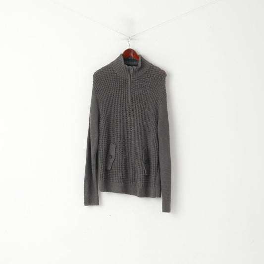 Original Penguin Men L Jumper Grey Cotton Blend Knit Zip Neck Pockets Sweater