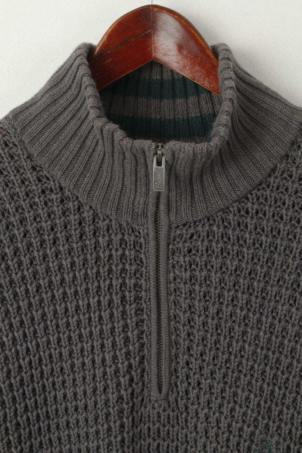 Original Penguin Men L Jumper Gris Coton Mélangé Tricot Zip Col Poches Pull