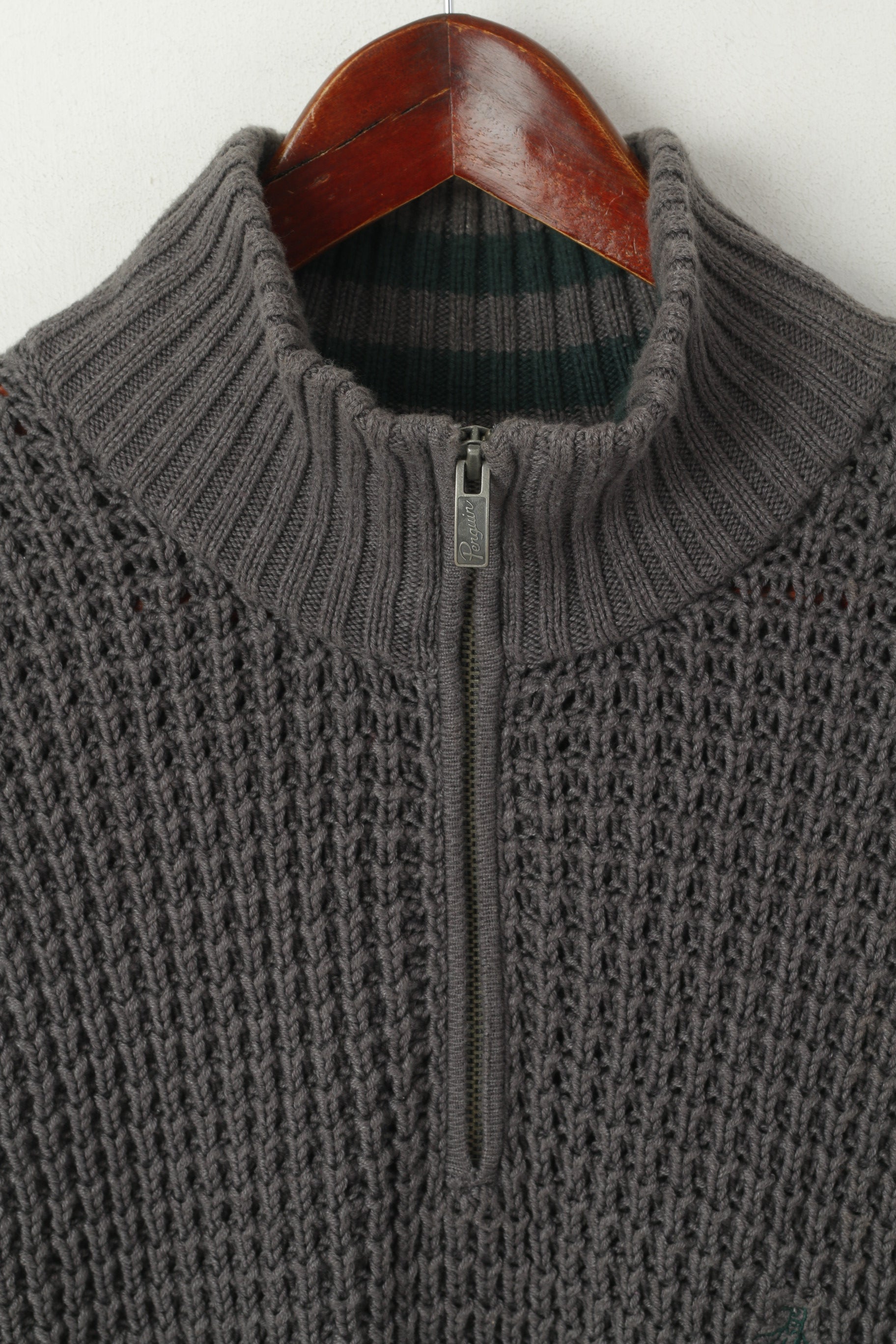 Original Penguin Men L Jumper Gris Coton Mélangé Tricot Zip Col Poches Pull