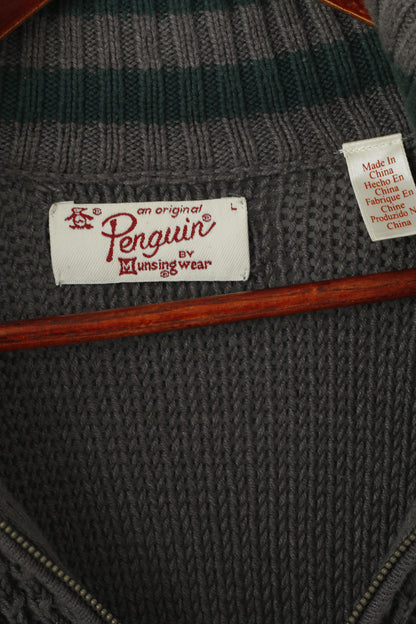 Original Penguin Men L Jumper Grey Cotton Blend Knit Zip Neck Pockets Sweater