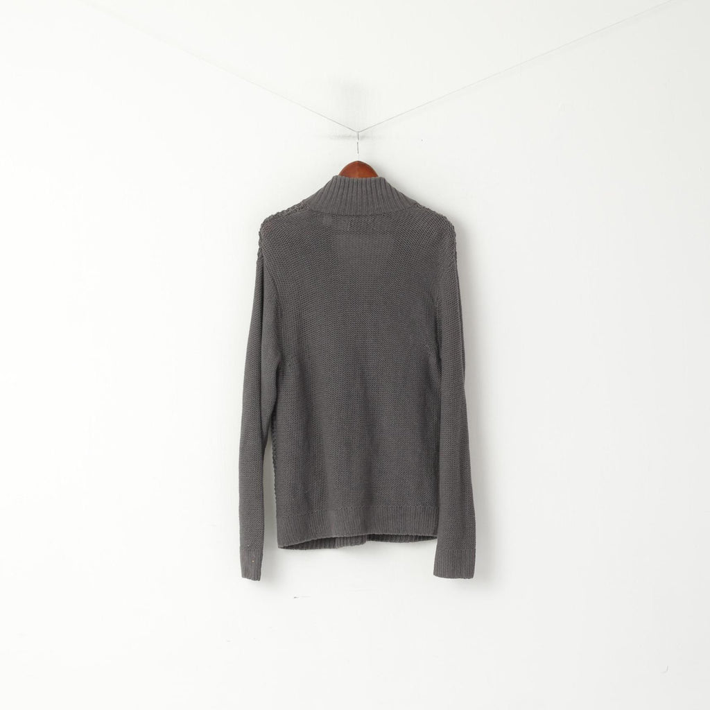 Original Penguin Men L Jumper Gris Coton Mélangé Tricot Zip Col Poches Pull