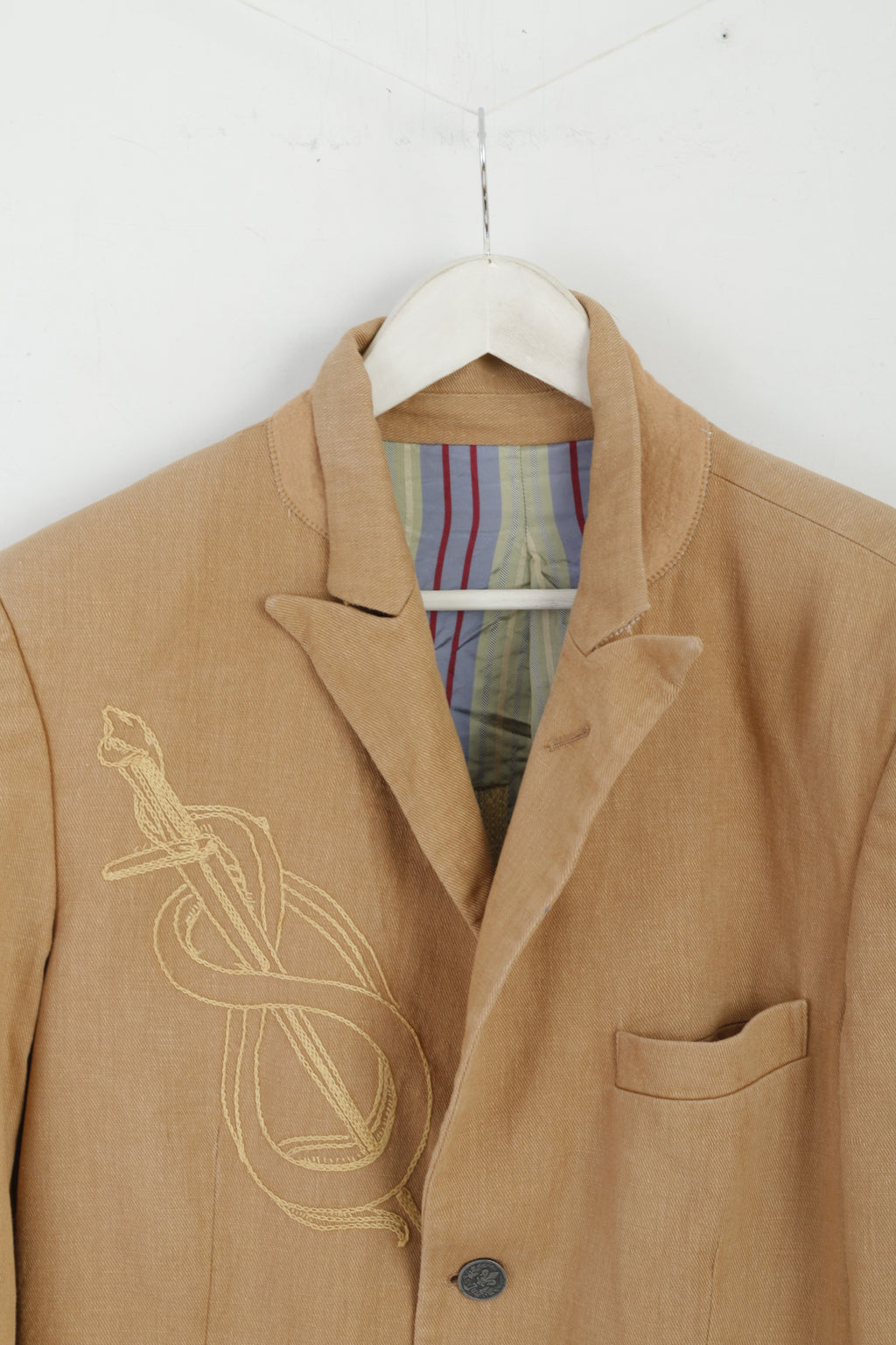 As 7 Th Lum Mens 40 S Blazer Beige Linen Cotton Blend Emroidered Jacket