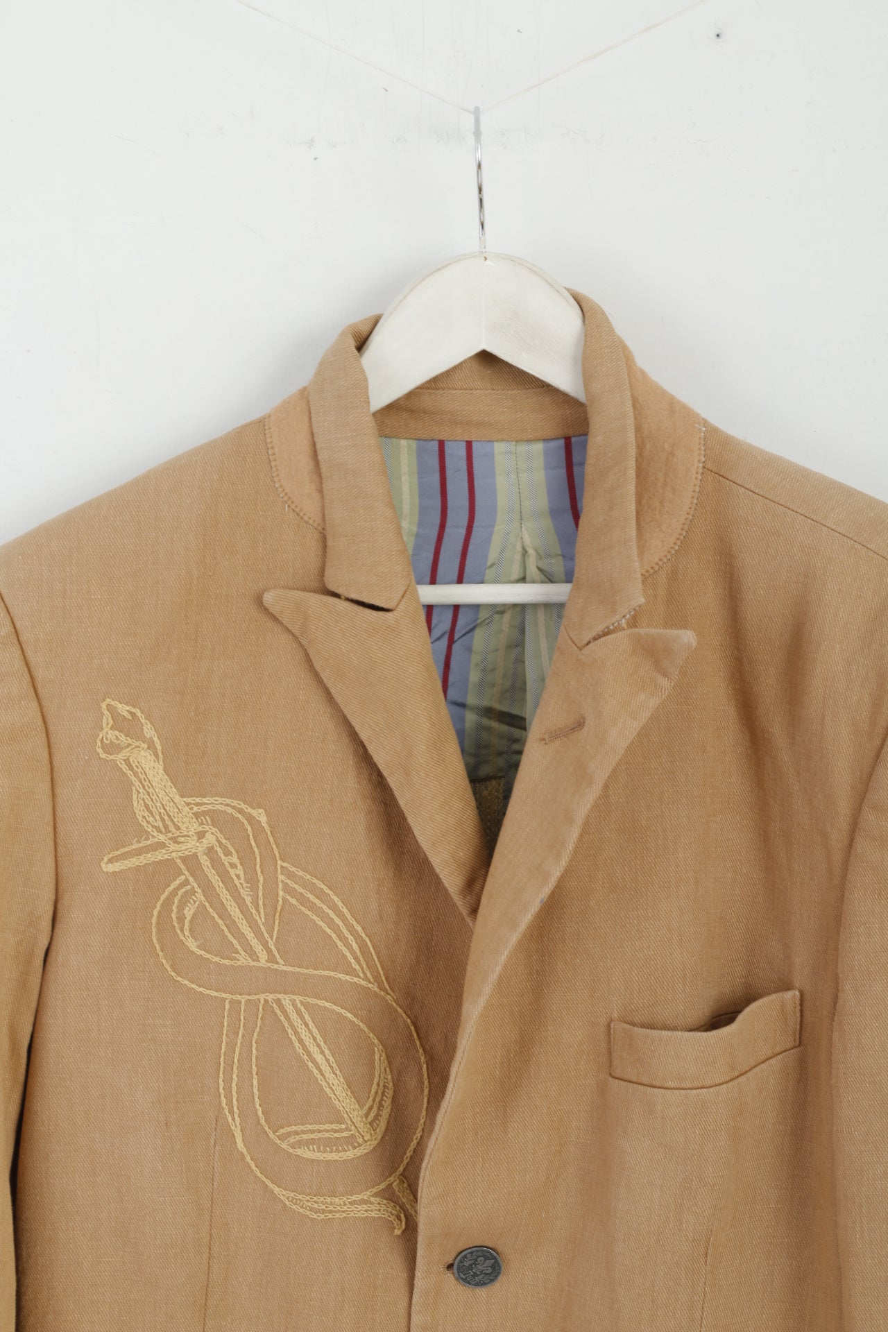 As 7 Th Lum Mens 40 S Blazer Beige Linen Cotton Blend Emroidered Jacket