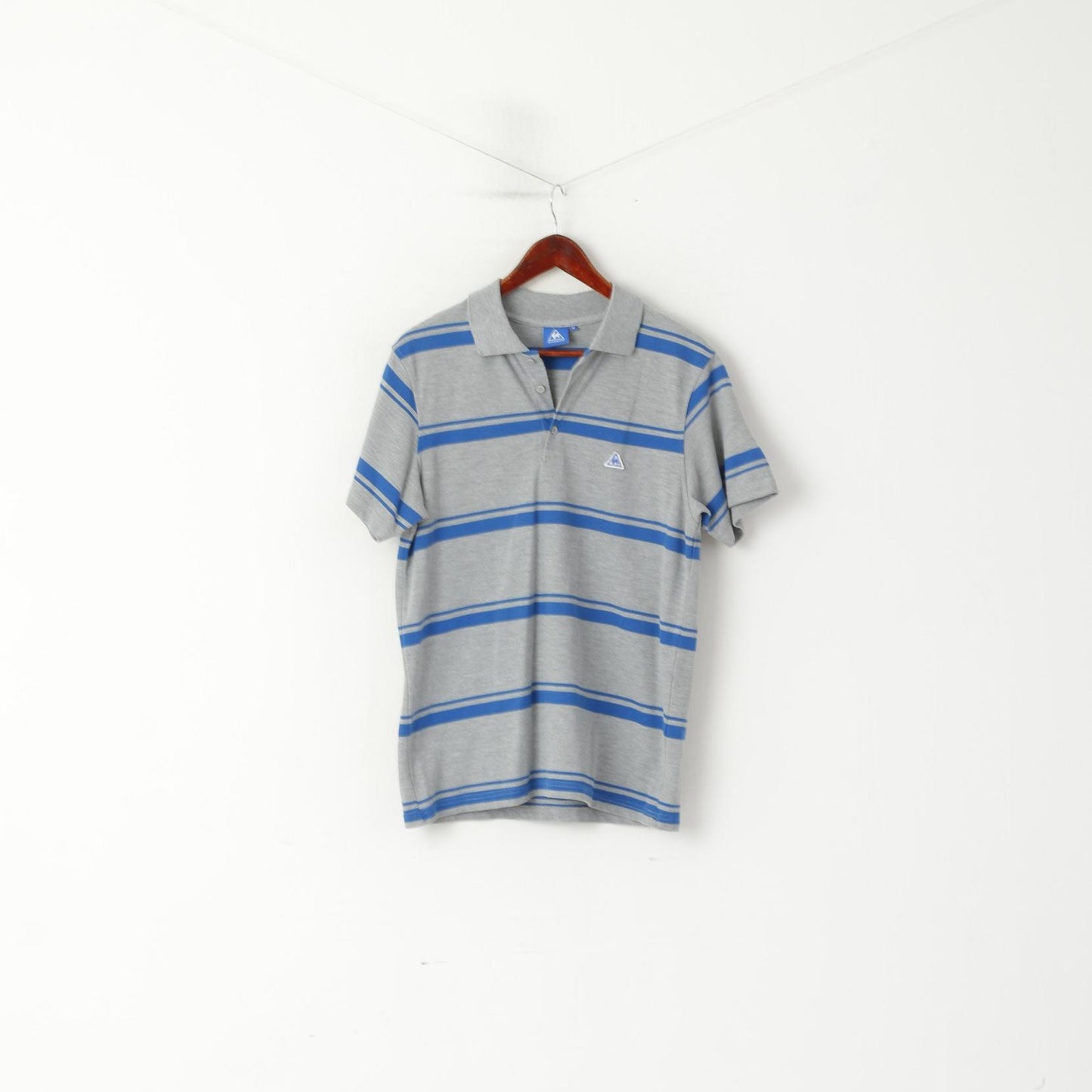 Le Coq Sportif Men M Polo Shirt Grey Blue Striped Cotton Detailed Buttons Top