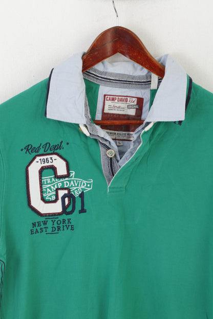 Camp David Red Men L Polo Shirt Green Cotton NY East Drive Embroidered Top