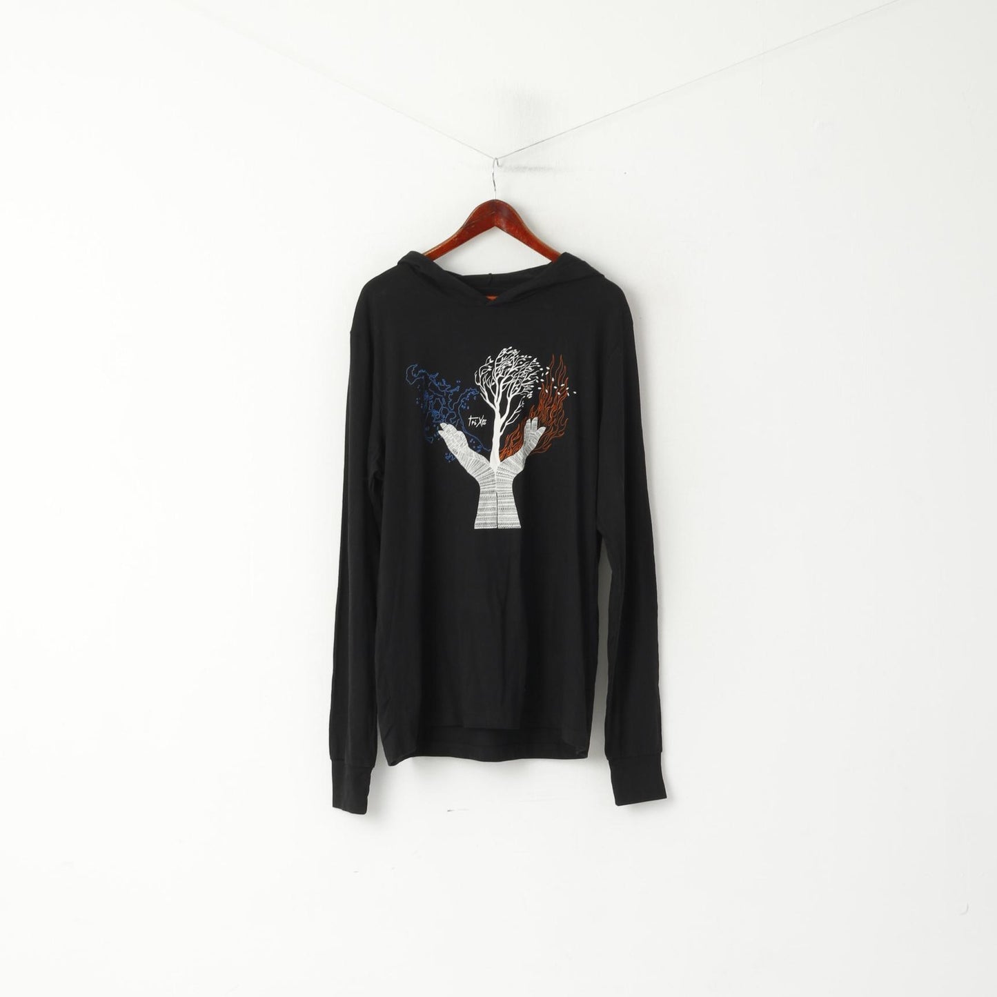 TriXta Men XL Shirt Black Artistic Tribal Collection Long Sleeve Hooded Graphic Top