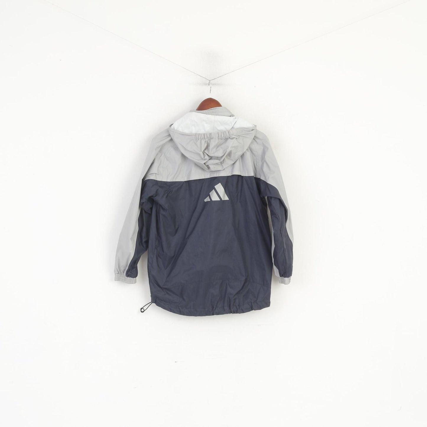 Adidas Boys 14 Age 164 Jacket Navy Grey Nylon Rainproof Hooded Zip Up Top