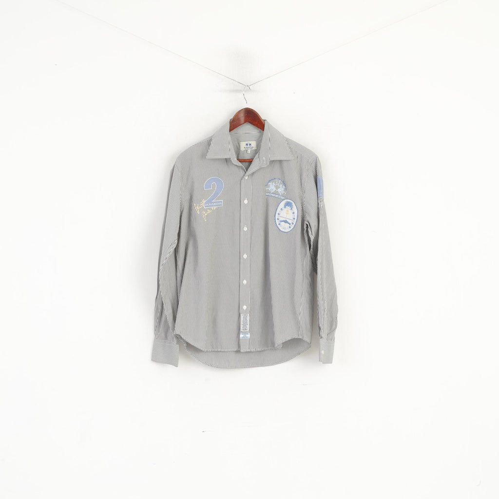 La Martina Men L (M) Casual Shirt Grey Striped Cotton Polo Buenos Aires Long Sleeve Top