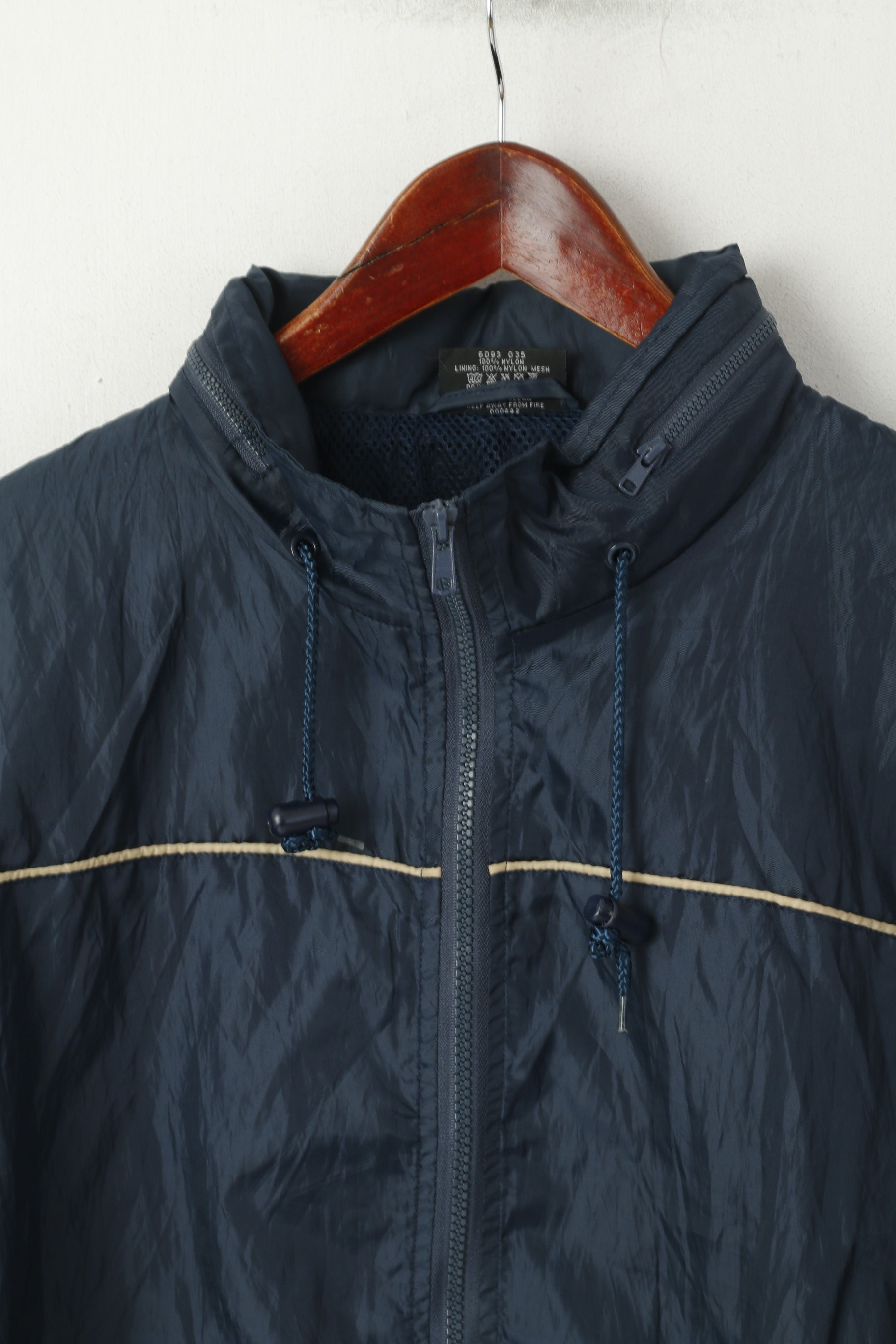 Originals Giacca da uomo L Blu scuro Vintage Nylon Impermeabile Cappuccio nascosto Cerniera completa Top antipioggia