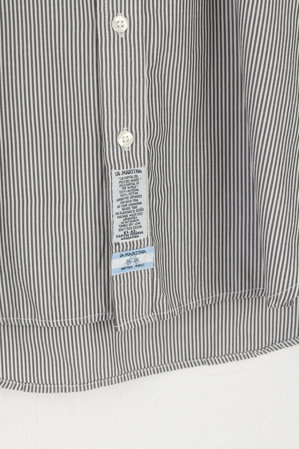 La Martina Men L (M) Casual Shirt Grey Striped Cotton Polo Buenos Aires Long Sleeve Top