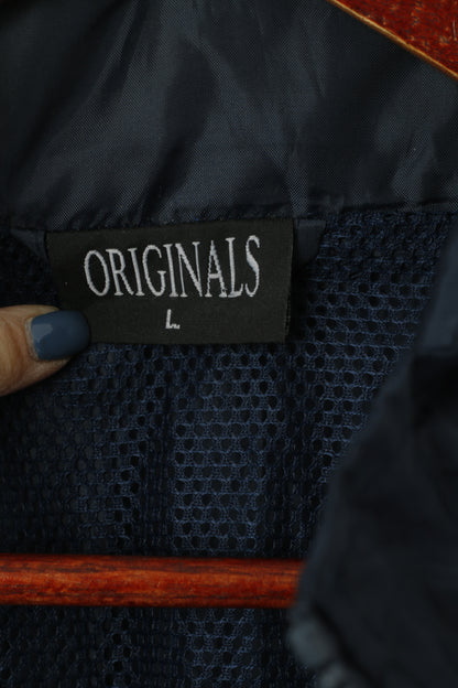 Originals Men L Jacket Navy Vintage Nylon Waterproof Hidden Hood Full Zipper Rain Top
