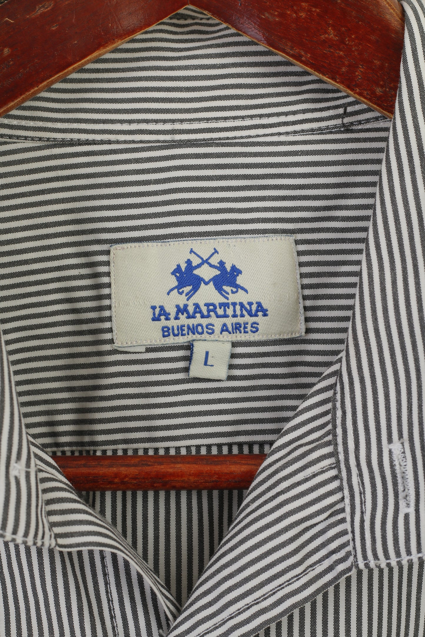 La Martina Men L (M) Casual Shirt Grey Striped Cotton Polo Buenos Aires Long Sleeve Top