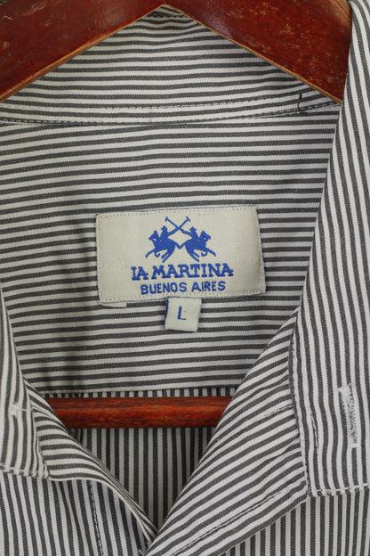 La Martina Homme L (M) Chemise décontractée Gris Rayé Coton Polo Buenos Aires Haut à Manches Longues