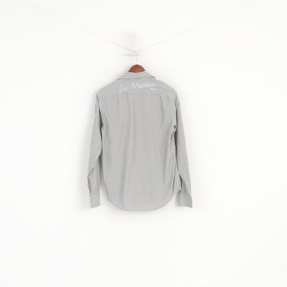 La Martina Uomo L (M) Camicia casual Polo in cotone a righe grigie Top manica lunga Buenos Aires