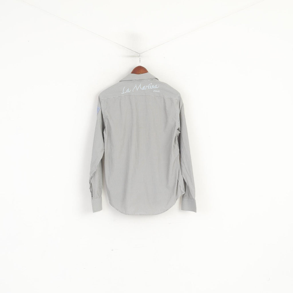 La Martina Men L (M) Casual Shirt Grey Striped Cotton Polo Buenos Aires Long Sleeve Top
