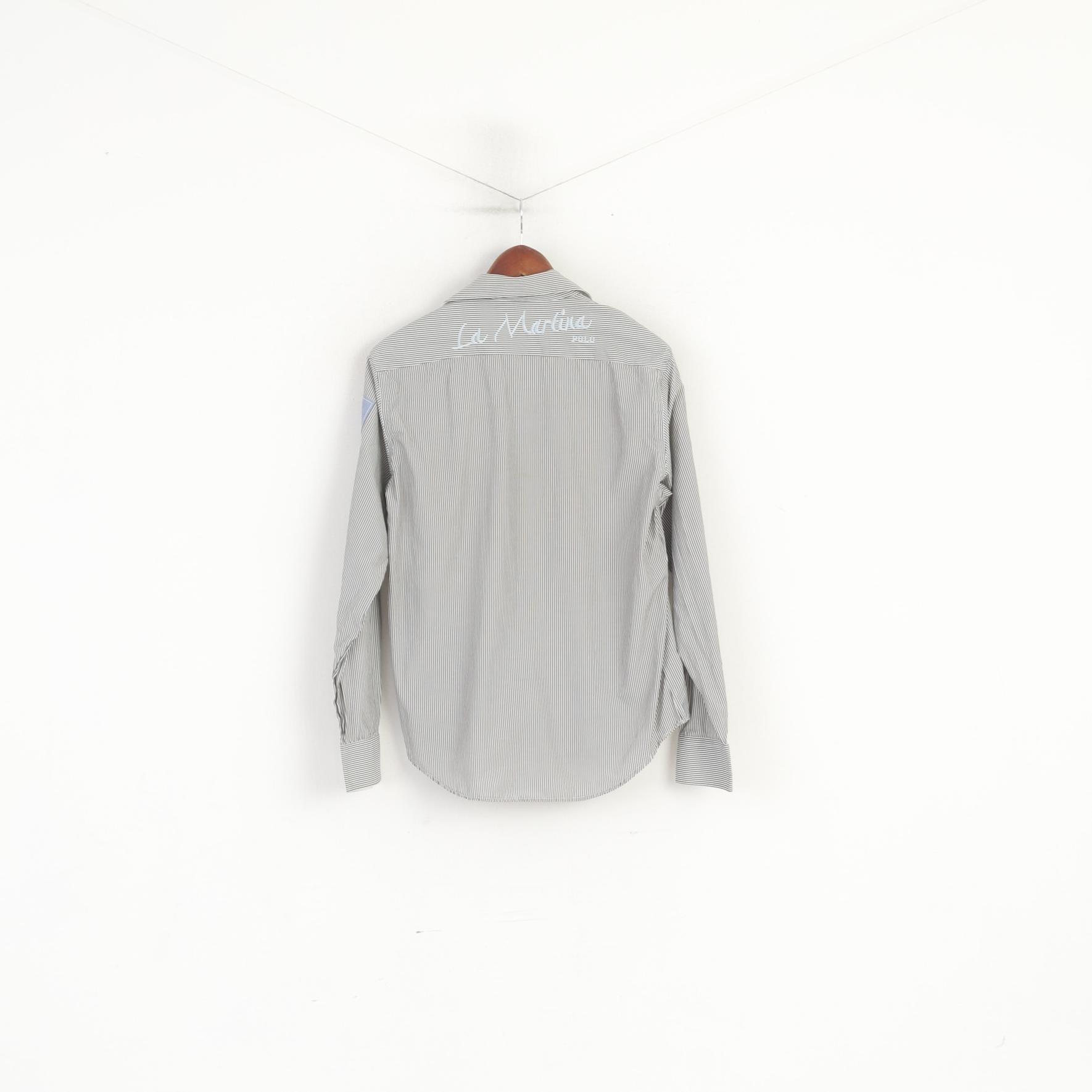 La Martina Men L (M) Casual Shirt Grey Striped Cotton Polo Buenos Aires Long Sleeve Top