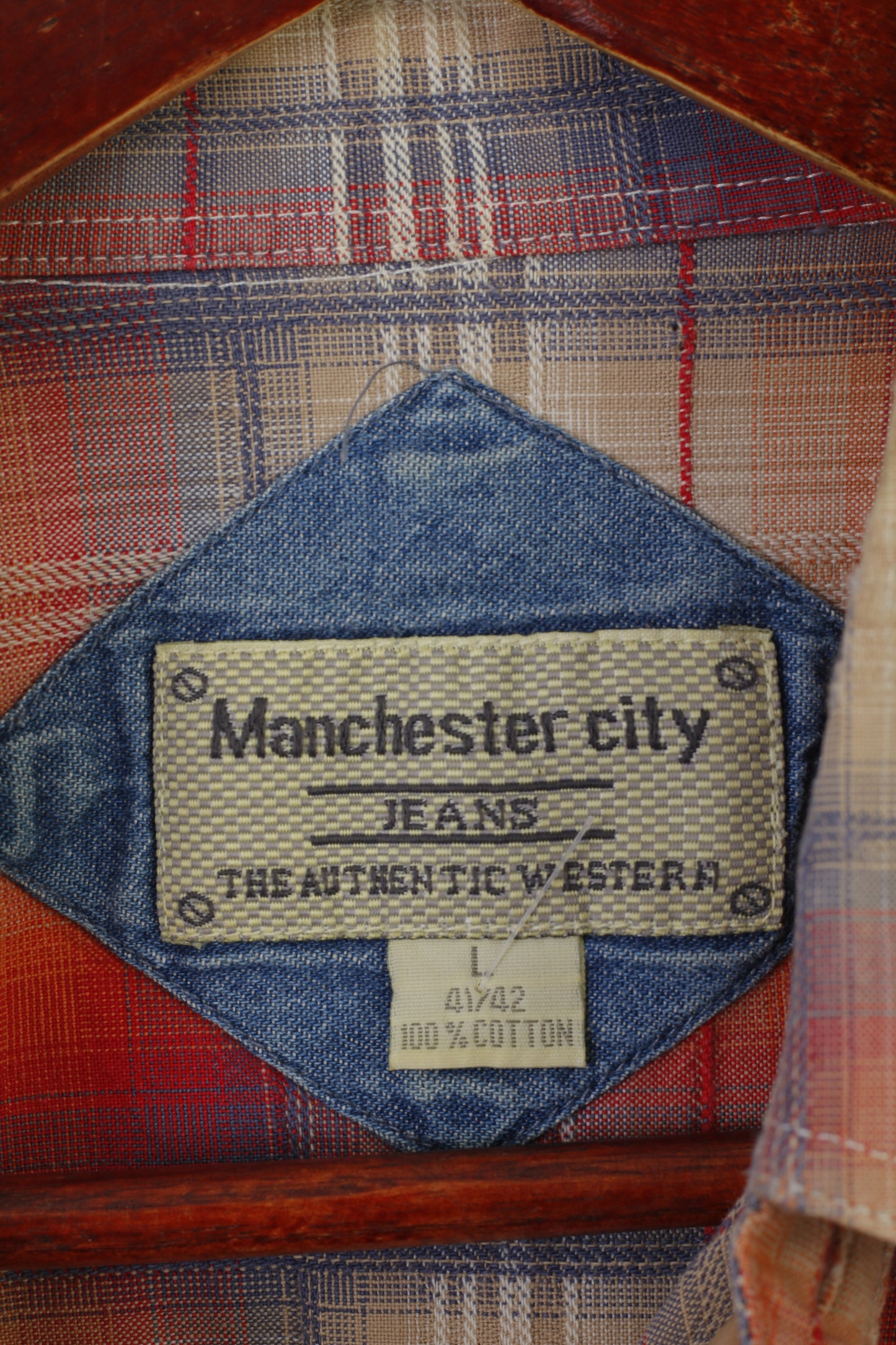 Manchester City Jeans Men L Casual Shirt Orange Vintage Multi Check Short Sleeve Top