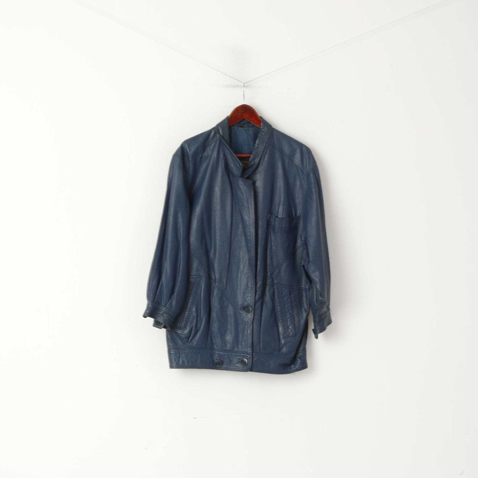 Giacca Marcos da donna M in pelle blu scuro vintage Italia top retrò doppio petto