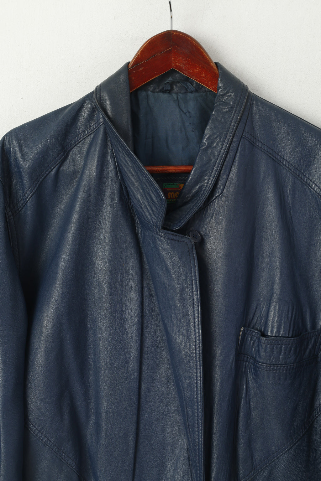 Giacca Marcos da donna M in pelle blu scuro vintage Italia top retrò doppio petto