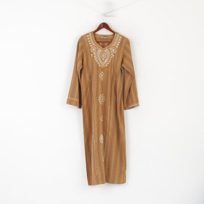 SAAD Femme M Robe Marron Hindou Longue Rayée Épaulettes Brodées Abaya